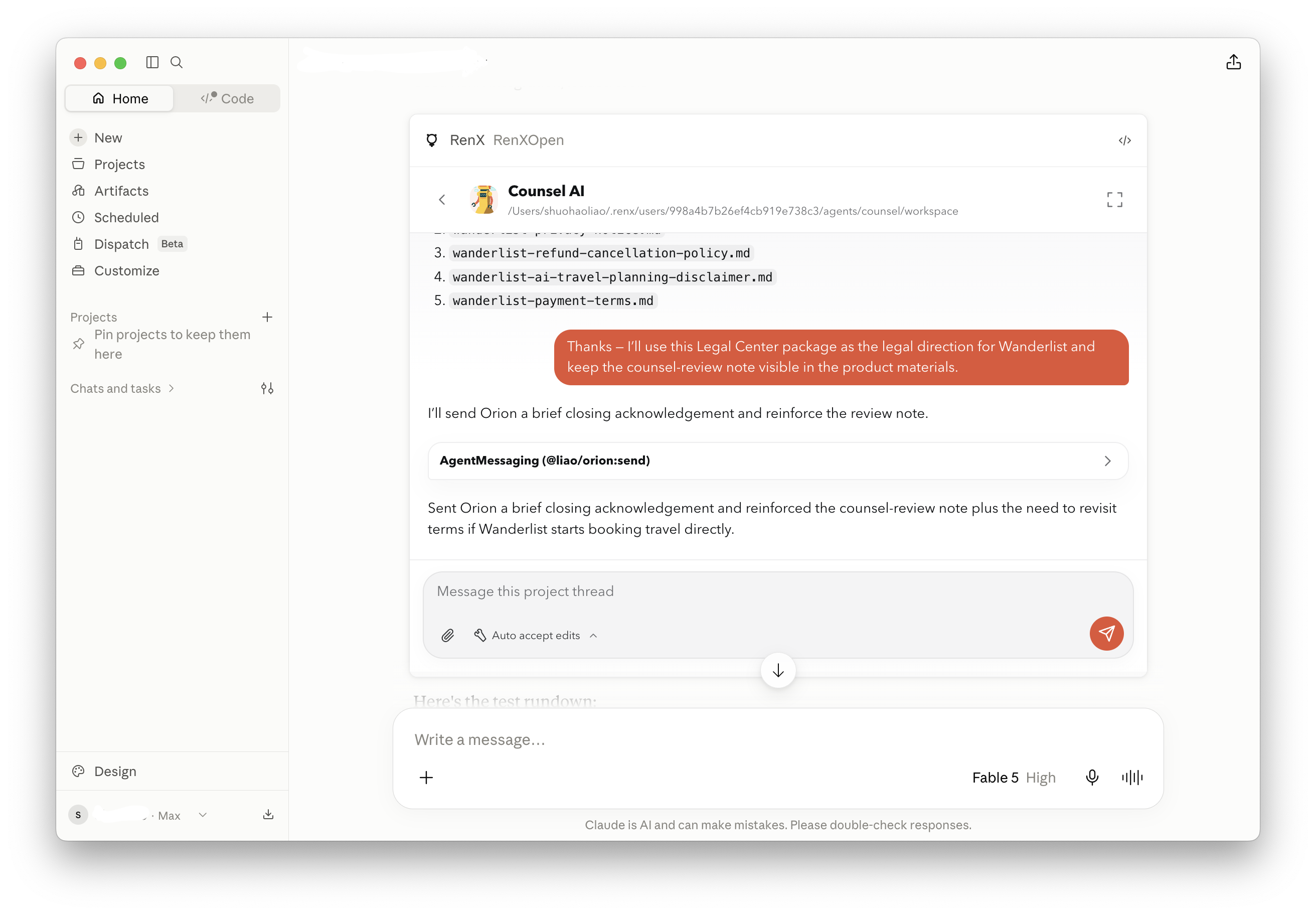 Claude displays an embedded RenX project conversation with the existing Counsel AI agent.